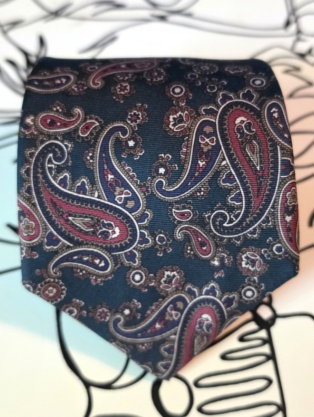 BURMA Bibas Paisley Silk Tie Mens Vintage Green Burgundy Teal Necktie 59x3.5
